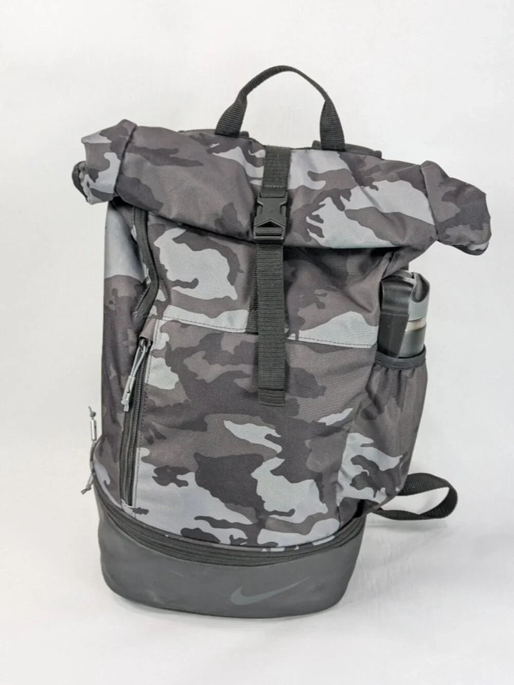 Nike Roll-Top Backpack Grey Camouflage Print with H2Go 20.9oz Stainless Bottle